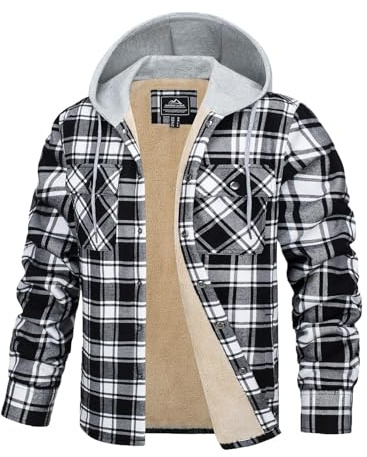 TACVASEN Herren Winter Holzfäller Hemdjacke Freizeitjacke Casual Hemden Kapuzen Warm Jacket Fleecejacke (S, Schwarz)