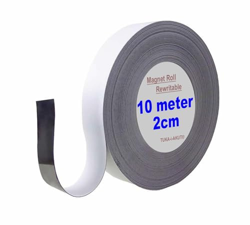 Tuka TKD9046-vit-2 cm magnettejp, omskrivbar för lagerregistreringsplattor, whiteboard, kylskåp, magnetiska brädor etc. kan skrivas på, kan skäras till storlek, vit, 10 m x 20 mm x 1 mm