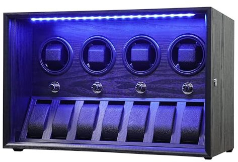 RYNN Uhrenbeweger, Automatik Uhrenbeweger 4 Uhren mit 7 Speicherplätzen, Watch Winder, Uhrenbeweger für Automatikuhren mit LED Beleuchtung Unterstützung USB Extrem Leisem Mabuchi Motor