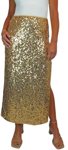 Paulo Due Gonna Lunga da Donna con Paillettes Elasticizzate E Spacco Laterale Aperto sulla Gamba, Completamente Foderata Oro 40-54 (L)