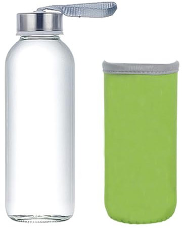 VASANA 420ml/14oz Clear Glass Water Bottle with Stainless Steel Cap Refillable Drinking Bottle Juice Beverage Container
