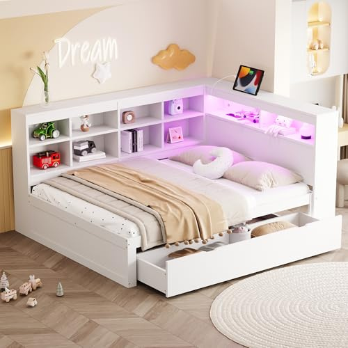 Merax Canapé-lit 140 x 200 cm avec tiroirs, lit en bois avec prise USB et barre lumineuse LED, blanc (sans matelas)