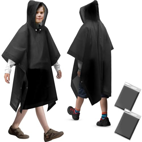 ANYOO Rain Poncho Kids Waterproof Raincoats for Boys Girls, 2 Pack Lightweight PEVA Rain Cape with Large Hood fit Kid Height 100-150cm, Black