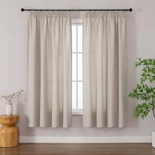 Simplebrand Leinen Gardinen mit Kräuselband in Leinenoptik - Gardinen in Leinenoptik 2 Stücke, halbtransparent für Wohnzimmer, durchsichtige Schrank-Gardinenschals mit Kräuselband, 140 x 163 cm