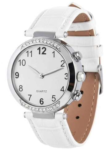 Orologio parlante per donna con voce francese femminile, ora e data, orologio al quarzo, cinturino in pelle per persone ipovedenti, anziani, bianco