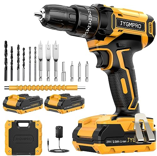 JYGMPRO Akku-Bohrschrauber 21 V, mit 2 Akkus à 2,0 Ah, 14 Zubehörteile, 42 Nm Drehmoment mit Elektroschrauber, 2 Geschwindigkeiten, 25 + 3 Drehmoment, LED-Licht, für Heimwerker, Haus und Garten