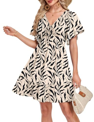 AUSELILY Ladies V Neck Ruffled Short Sleeve Drawstring Waist A-Line Knee Length Beach Dress with Pockets for Women UK