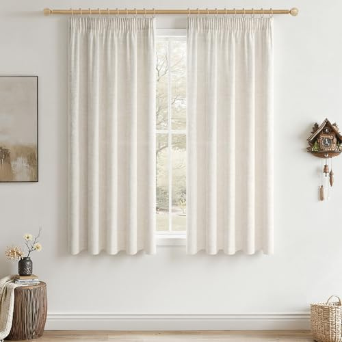 CUTEWIND Rideau pour Rail Lin Ivoire Rideau Petite Fenetre Voilage Semi-Transparent 140 x 120 cm (LxH), 2 Pièces, Rideaux à Galon Fronceur Tamisant Effet Naturel pour Cuisine et Salon