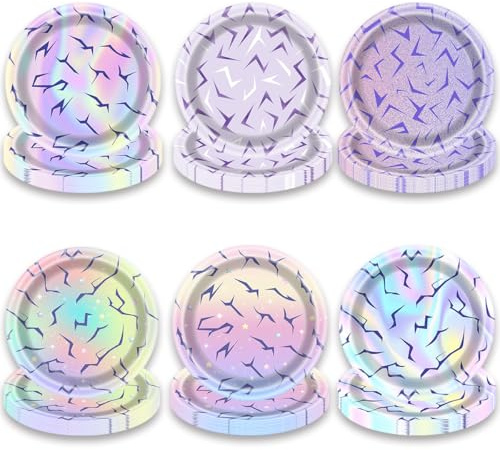 OU RUI 60 Pcs Purple Demon Party Plates Disposable Rainbow Gradient Design Paper Plates for Purple Demon Birthday Party Boys Girls Hunters Theme Supplies