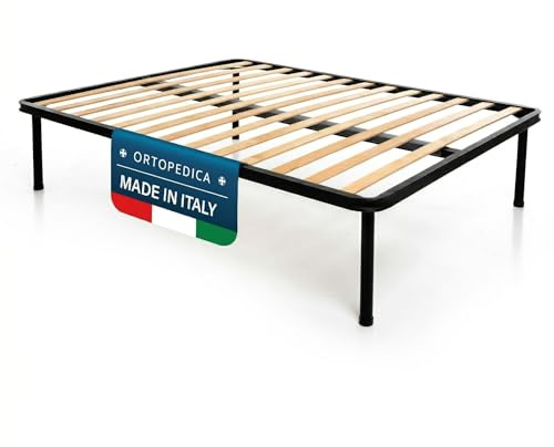 DOLCI SOGNI - Rete Letto Matrimoniale 180x200 Ortopedica a Doghe di Legno, con Piedi Stabili e Tappi Anti-Scivolo, Struttura in Ferro, 100% Made in Italy