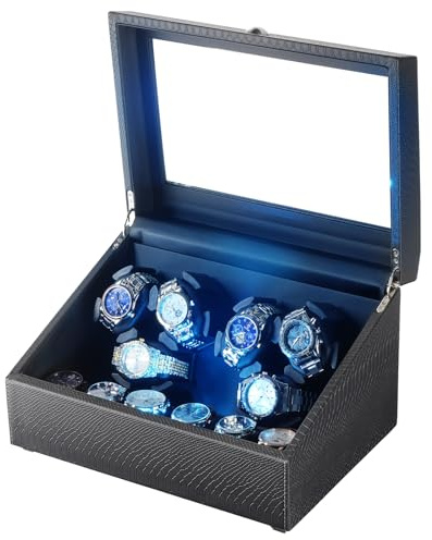 Isili Watch Winder für Automatikuhren, Luxus-Uhrenbeweger mit LED-Beleuchtung, 6er Uhrenbeweger + 6 Staufächer mit leisen Motoren, Geschenk für Vatertag (PU-Schlangenleder)