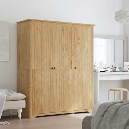 kithwjll Armario BODO Miel con 3 Puertas, Madera de 146 x 53,5 x 173 cm, Armario con Barra para Perchero y Estante, Almacenamiento para Dormitorio, Pasillo