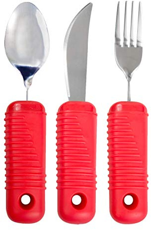 3 Piece Super Easy Grip Red Flatware Set - Bendable Built Up Large Fork, Knife, and Spoon - Red