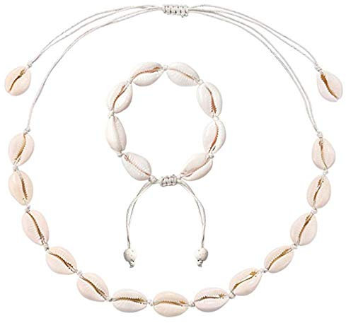 GLITZFAS Damen Natural Shell Choker Halsketten Armband Schmuck Set Boho Muschelkette (Weiß)