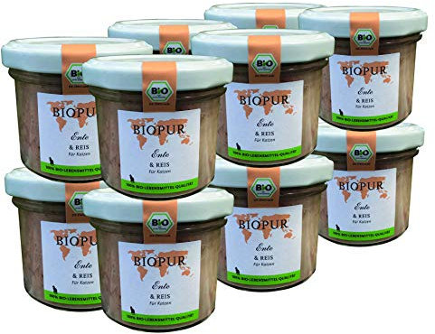 BIOPUR Bio Katzenfutter 12x100g [Ente & Reis] - Premium Nassfutter - 100% Bio Qualität - Katzennassfutter » ausgewogene Zusammensetzung « Futter aus hochwertigen Zutaten für Katzen