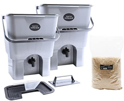 Bokashi Bin Set of 2 Natural Indoor Kitchen Composter with 1 KG Bokashi Bran