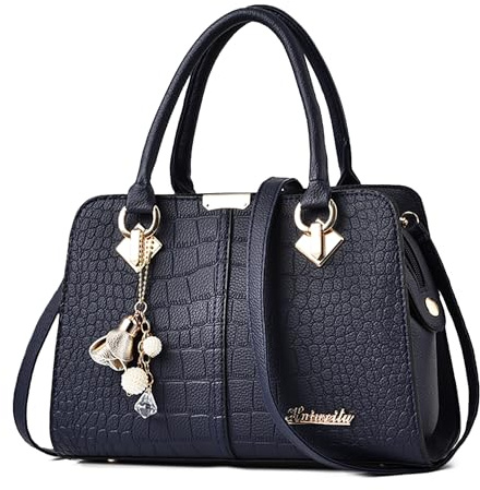 DIRRONA Bolso De Mano Mujer con Colgante Elegante De Piel Sintética Mejorada Y Herrajes Dorados – Bolso De Hombro Moderno para Trabajo, Compras Y Uso Diario Azul Real Elegante