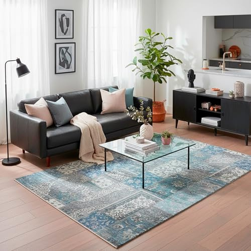 TESSO LIVING Kelim Patchwork Tappeto Soggiorno Blu 120 X160 cm, Tappeto Salotto Moderno a Pelo Corto, Super Morbido