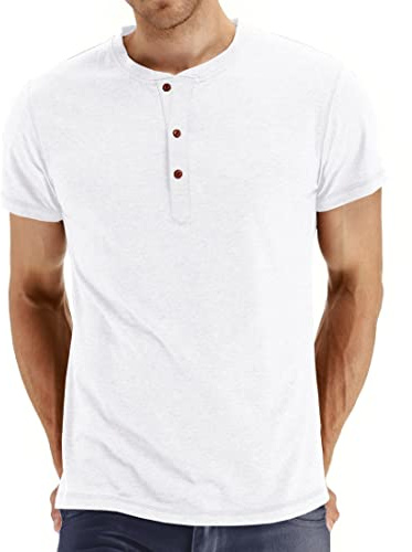 Hisir Tee Shirt Homme en Coton Henley T-Shirt Col Rond avec Manches Courtes et Longues Col Tunisien et Boutons pour Homme