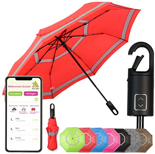 Quick Safety® Parapluie de randonnée et trekking - Unisexe - Ouverture et fermeture automatique - Résistant aux tempêtes - Réfléchissant - Poignée à mousqueton, Signal rouge, 32 cm