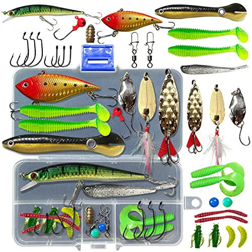 UperUper Fishing Lures Kit Set, Baits Tackle Including Crankbaits, Topwater, Spinnerbaits, Worms, Jigs, Hooks, Tackle Box and More Fishing Gear Lure for Bass Trout