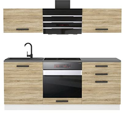 Belini Küchenzeile Küchenblock Sophia - Küchenmöbel 180 cm Einbauküche ohne Elektrogeräten mit Hängeschränke und Unterschränke, ohne Arbeitsplatten, Sonoma-Eiche