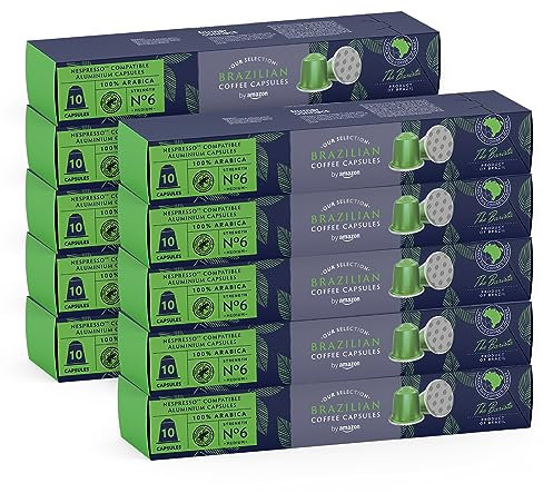 by Amazon Café brésilien compatible Nespresso, Brazilian, torréfaction moyennement poussée,100 capsules en aluminium 10 unités (lot de 10) - Certifié Rainforest Alliance