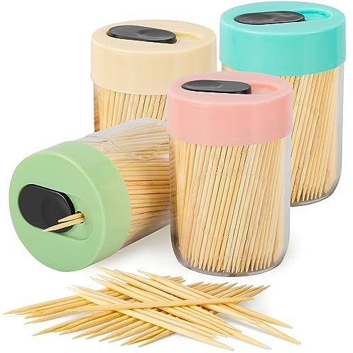 Urbanstrive Sturdy Safe Toothpick Holder with 1600 Natural Wood Toothpicks for Teeth Cleaning, Unique Home Design Decoration, Unusual Gift, 4 Pack (4Color)