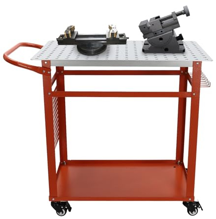Heavy Duty Steel Welding Table, Floorstanding Welding Cart, Universal Work Table, Mobile Workbench, Tool Stand with 4 Wheels and 9 Hooks, 600lbs Load Capacity, 5/8 /16mm Holes on Top