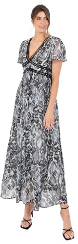 Lovedrobe Women's Ladies Maxi Dress Short Angel Sleeve V-Neck Floral Animal Print Empire A-Line Casual Wedding Guest Occasion Vestido, Gris, 38 Mujeres