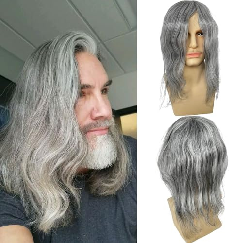 Voloria Swiss Full Lace Men’s Toupee Real Human Hair 1B Mixed 80% Grey Synthetic Hair Replacement for Men Hairpiece 12inch Long Hair