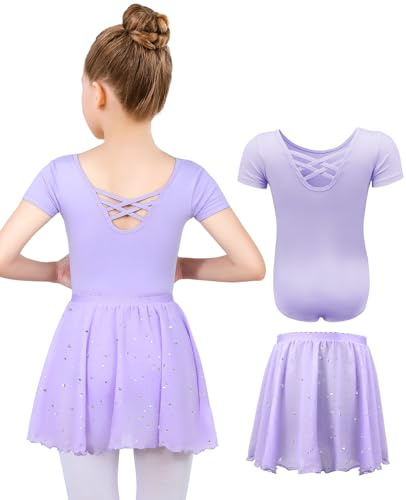 MYSSUCI Robe de Ballet Justaucorps Danse Fille Manches Courtes Justaucorps Gymnastique Fille en Coton avec Jupe Tutu en Mousseline De Soie 3-11 Ans (Violet，140)