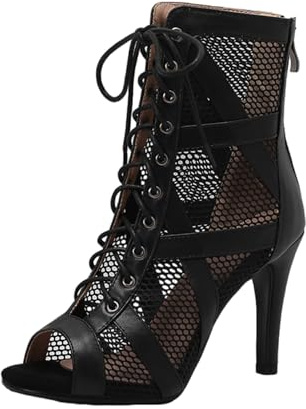 Leichtrit Bottes De Danse en RéSille,Peep Toe Talons à Lacets,Bottines De Danse Latine à Lacets,Conception en Net,Lacets RéGlables,Peut êTre Utilisé Aussi Bien à L'IntéRieur Qu'à L'ExtéRieur