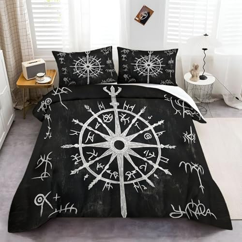 CozyRest Bettwäsche Sets 135x200 cm Nordische Mythologie Kinderbettwäsche Set Wikinger-Runen Druck Atmungsaktiv Bettbezug mit Reißverschluss und 2 Kissenbezug 80x80cm