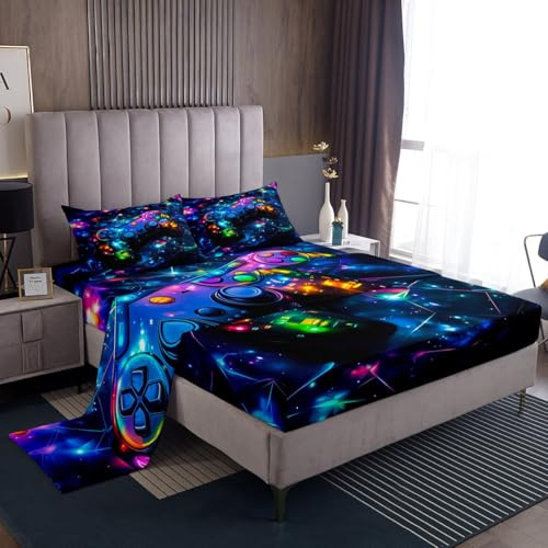 Feelyou Kids Gamer Bed Sheets Set Queen Size, Galaxy Gaming Sheet Set Glitter Game Comforter Cover Boys Girls Gamepad Teens Bedspread Cover Bedroom Decor with 2 Pillow Case