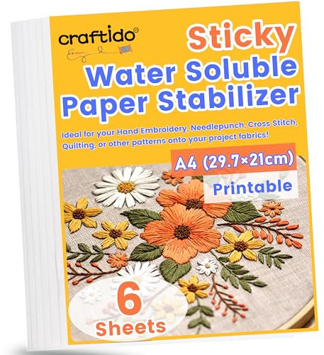 craftido A4 6PCS (29.7x21cm) Selbstklebende Wasserlösliche Stickvliese, Bedruckbares Auflösungspapier, Mittleres Gewich zum Drucken oder Zeichnen von Mustern geeignet, Maschinen- und Handstickerei