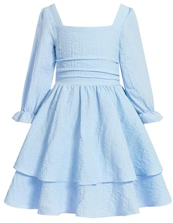 JiAmy Vestito da bambina con spalline sottili e punto smock prendisole estivo casual da spiaggia abiti midi per adolescenti abito da ballo per 7-12 anni, Blue-manica lunga, 11-12 Anni