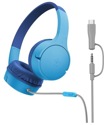 Belkin SoundForm Mini Kids Wired Headphones w/USB C to 3.5mm Dongle, Built-in Mic & Fun Stickers, 85dB Max Volume – for Online Learning, Travel, Compatible w/iPhone 16, iPad, Galaxy S25, etc - Blue