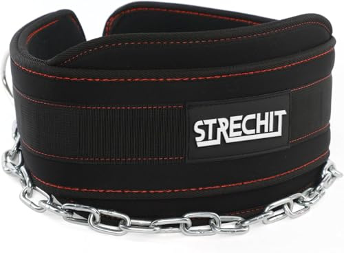 STRECHIT Black Dip Belt with 36 Steel Chain for Pull-Ups & Dips, Weighted lifting belt with Neoprene Padding, Heavy-Duty Carabiners, Durable for Strength & Fitness Workouts (black)
