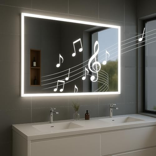 VOLTGY Specchio da Bagno con Luce LED 80×60 cm – Bluetooth e Antifog – Illuminazione Regolabile a 3 Toni – Specchio Moderno per Trucco e Toeletta – Montaggio Orizzontale