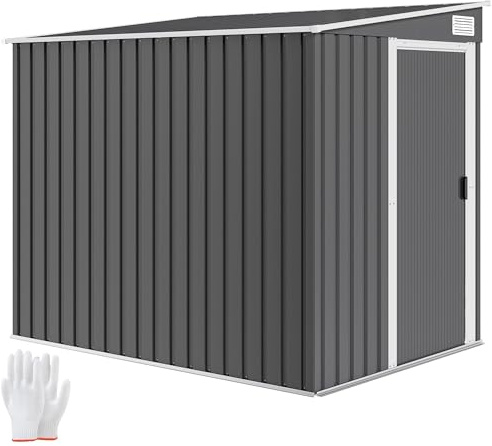 Outsunny Abri de Jardin en métal 2,81 m² avec kit de Fondation, cabane de Jardin extérieure en Acier galvanisé adossée, Toit incliné, abri à Outils avec 2 étagères réglables, 154x206,5x181 cm, Gris