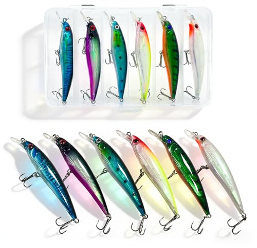 Kits de Señuelos para Pescar, 6 Piezas Cebo Artificial Duro Wobbler con Anzuelo Agudo, Señuelos de Pesca 3D, Señuelos Pesca para Lubina Lucio Carpa Trucha - Ideal para Mar, Río y Lago