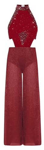 FEESHOW Bambina Body Da Danza Glitter Tuta Intera Da Ginnastica Tuta Danza Jumpsuit Gamba Larga Costume Per Bambini Balletto Lirico Borgogna A 7-8 anni