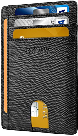 Buffway Schlanke, minimalistische Vordertasche, RFID-blockierende Ledergeldbörsen für Damen und Herren, Cross Black, Small, Minimalistisch