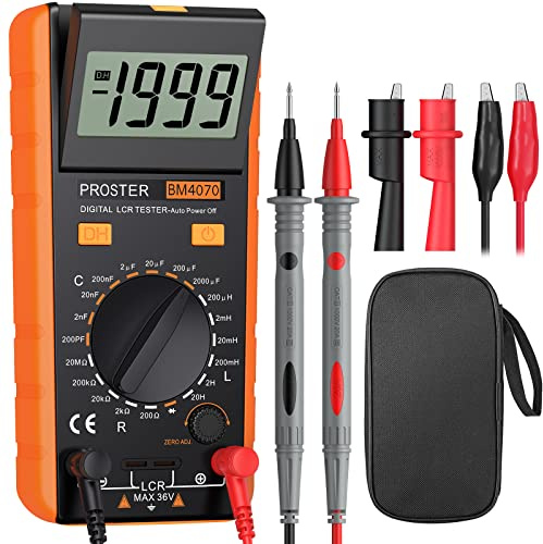 Proster LCR Messgerät Digitaler LCR Multimeter für Kapazitäts Induktivitäts Widerstand Testen mit LCD Überspannung Anzeige enthält Batterie Krokodilklemme Mini Schraubendreher und Tasche- Orange