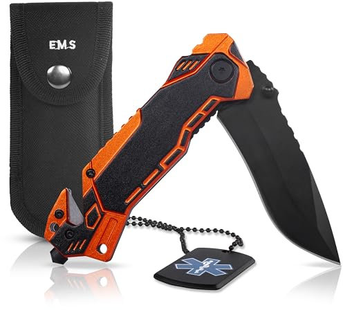 KOSxBO® Rescue Knife EMS Rettungsmesser mit Glasbrecher, Gurtschneider, Messertasche und Dog Tag, schwarz orange blau