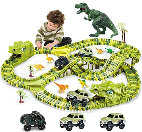 burgkidz 260 Piezas Juego de Pistas de Dinosaurios para Carreras de Autos con 3 Vagones de Ferrocarril y 7 Juguetes - Circuitos para Niños