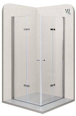 Mampara de Ducha Emma-75x90x190cm|REVERSIBLE|Puertas Plegables, Ajuste 73,5-75,5x88,5-90,5cm|Perfiles Cromo, Cristal Templado Transparente 6mm