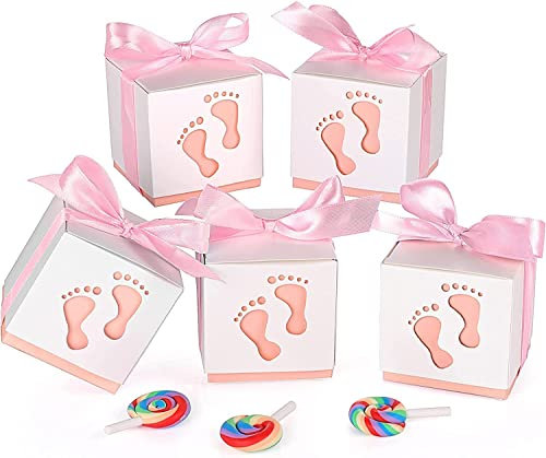 XiYee Geschenkbox, 50 Stück Süßigkeit Kästen Gastgeschenk Box, Boxen für Süßigkeiten mit Band für Neugeborene Babydusche, Pralinenschachtel für Kinder Geburtstag, Hochzeit, Taufe Geburt Party