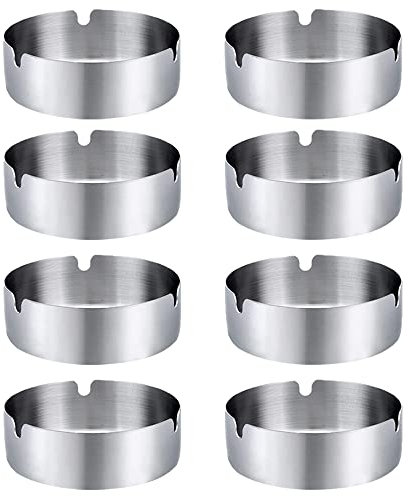 sinzau Edelstahl Aschenbecher für Draussen und Innen - 8 Stück 8cm Rund Tischplatte Aschenbecher - Silber Moderne Tragbare Ascher für Zuhause Büro Restaurant